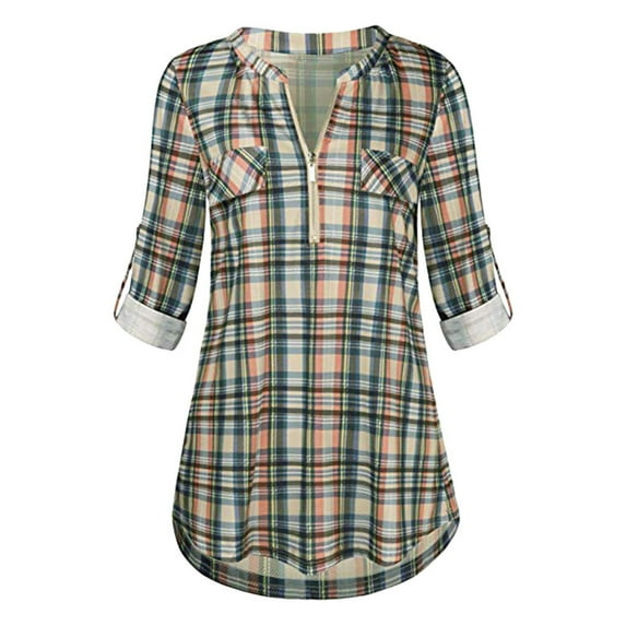 LIJCC Women'S Plaid Print Shirt Tops Sleeve Plaid V-Neck Casual Zipped Rolled Tops Shirt Printed Blouse Womens Tunic Women'S Blouse