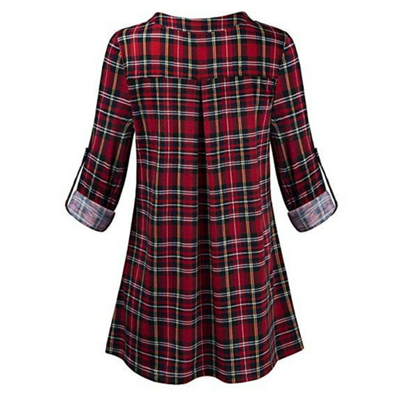 LIJCC Women'S Plaid Print Shirt Tops Sleeve Plaid V-Neck Casual Zipped Rolled Tops Shirt Printed Blouse Womens Tunic Women'S Blouse