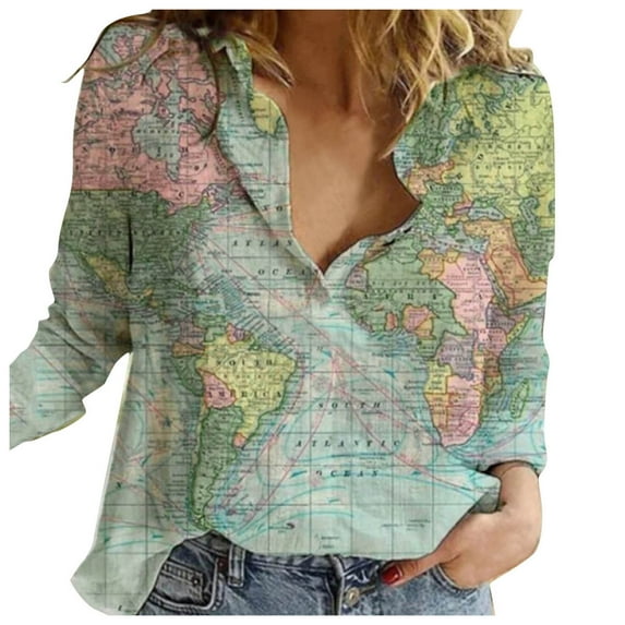 LIJCC Women'S Printed Lapel Button Down Long Sleeve Shirt Long Lapel Women'S Top Shirt Loose Print Sleeve World Casual Button Map Women Shirts