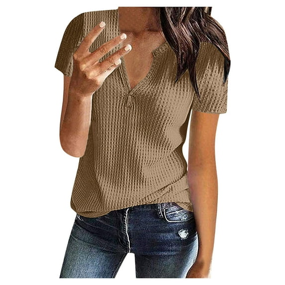 LIJCC Women'S Summer Waffle Knit Short Sleeve Tunic V Neck Henley Loose Shirt Women Topsshort Sleeve V Neck Casualfashion Shirt