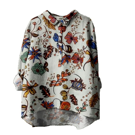 LIJCC Women'S V-Neck Long Sleeve Vintage Floral Print Shirt Linen T Shirt for Women'S Flower Printed Loose Fit Tee Tops Lapel Neck Button Blouses Long Sleeves Casual Tops