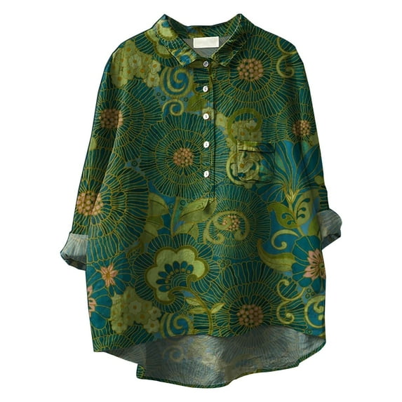 LIJCC Women'S V-Neck Long Sleeve Vintage Floral Print Shirt Linen T Shirt for Women'S Flower Printed Loose Fit Tee Tops Lapel Neck Button Blouses Long Sleeves Casual Tops