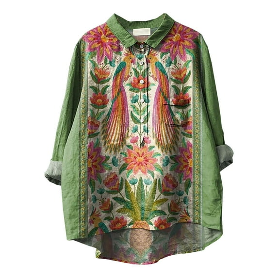 LIJCC Women'S V-Neck Long Sleeve Vintage Floral Print Shirt Linen T Shirt for Women'S Flower Printed Loose Fit Tee Tops Lapel Neck Button Blouses Long Sleeves Casual Tops