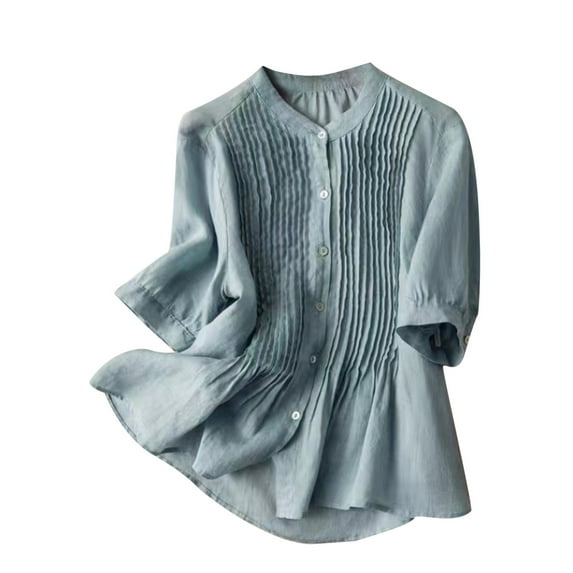 LIJCC Women'S Vintage Fine Linen Tops Women'S Thin Short-Sleeved Shirts Women'S Vintage Slim Fit Linen Short Sleeved Shirt