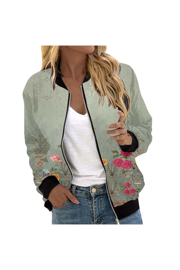 Women'S Zippered Casual Jacket Coat for Womens Suitable Daily Jackets Lightweight Zip Up Jacket Floral Print Coat Stand Collar Short Sports Outwear