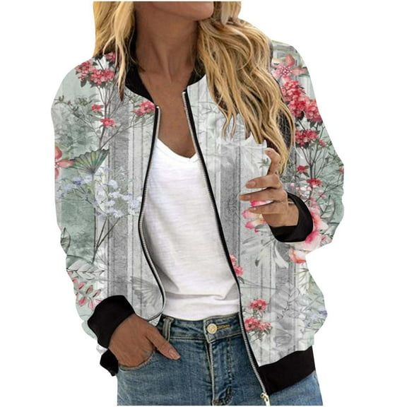 LIJCC Women'S Zippered Casual Jacket Coat for Womens Suitable Daily Jackets Lightweight Zip Up Jacket Floral Print Coat Stand Collar Short Sports Outwear