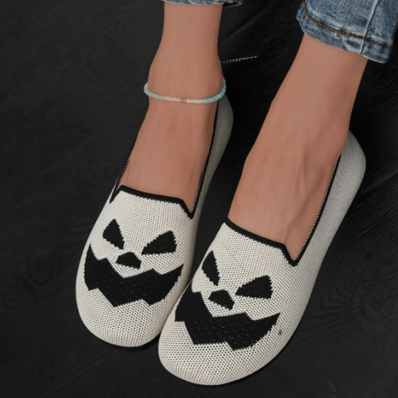 LIJCC Women Slip On Sparkly Mesh Matching Color Non Slip Flat Shoes Shiny Mesh Loafers Halloween Ghost Face Print Breathable Soft Memory Foam Sole Flat Shoes