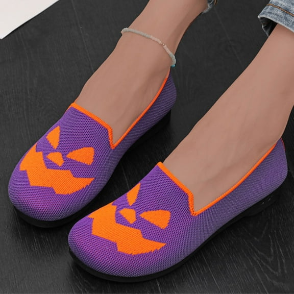 LIJCC Women Slip On Sparkly Mesh Matching Color Non Slip Flat Shoes Shiny Mesh Loafers Halloween Ghost Face Print Breathable Soft Memory Foam Sole Flat Shoes