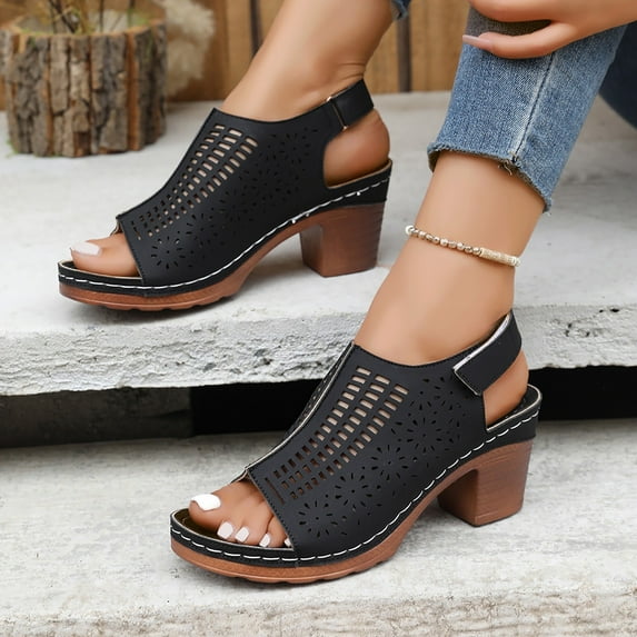 LIJCC Women's Elegant High Heel Comfortable Beach Slide Open Toe Sandals Fashion Hollow Out Design Peep Toe Chunky Heels Casual Summer Outdoor Orthopedic Sandals