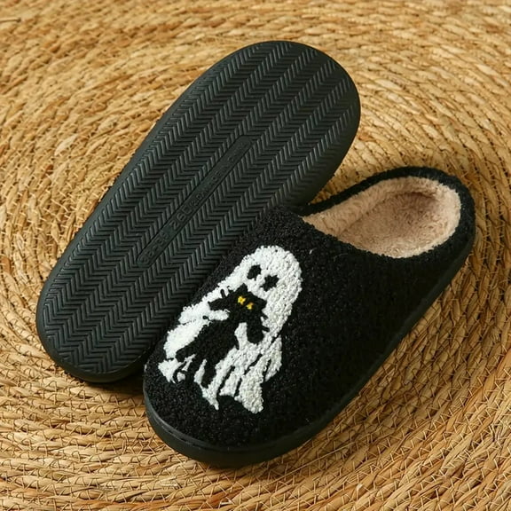 LIJCC Women's Men's Cute Slippers Fun Cute Holiday House Shoes Evil Ghost Black Cat Fluffy Warm Household Shoes Memory Foam Slipper Gifts for Adults Slip On Slippers