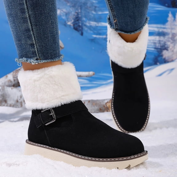LIJCC Women's Warm Boots Thick-Soled Cotton Shoes Lightweight Round Toe Buckle Strap Non Slip Booties with Belt Buckle Suitable Winter Outdoor Wear