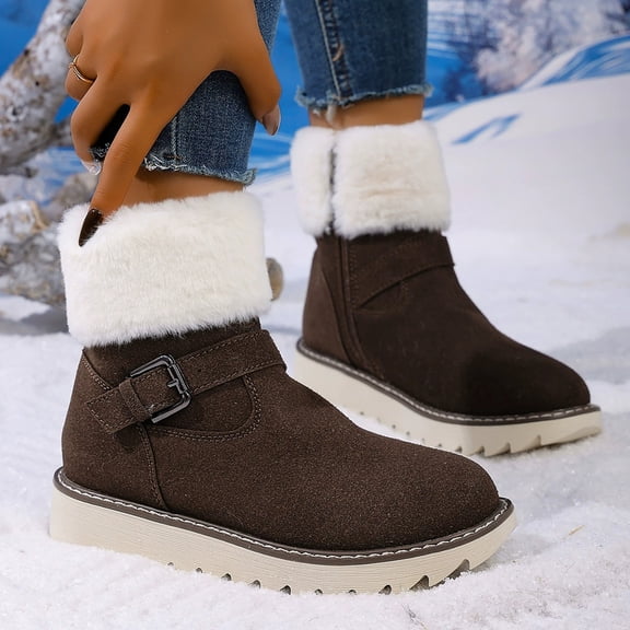 LIJCC Women's Warm Boots Thick-Soled Cotton Shoes Lightweight Round Toe Buckle Strap Non Slip Booties with Belt Buckle Suitable Winter Outdoor Wear