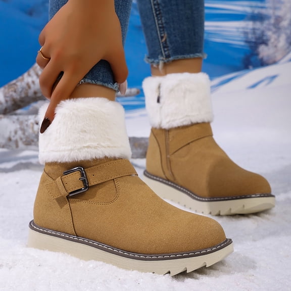 LIJCC Women's Warm Boots Thick-Soled Cotton Shoes Lightweight Round Toe Buckle Strap Non Slip Booties with Belt Buckle Suitable Winter Outdoor Wear