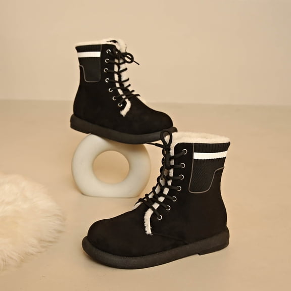 LIJCC Womens Snow Boots Lace-up Faux Fur Lined Suede Leather Boots Winter Warm Fleece Non-Slip Outdoor Walking Hiking Mid Calf Boots Round Toe Flat Ankle Booties