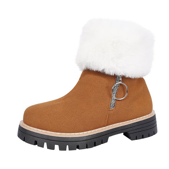 LIJCC Womens Winter Snow Boots Faux Suede Chunky Heel Round Toe Booties Trendy Side Zipper Platform Flurry Fuzzy Ankle Booties Warm Slip On Outdoor Walking Shoes