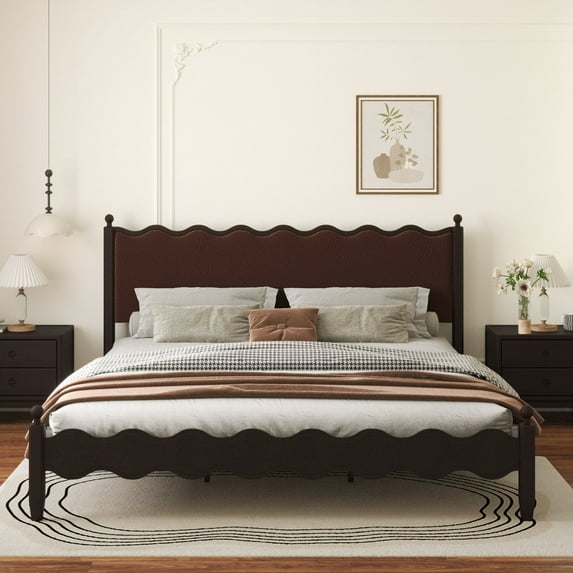LIJIMEI KIng Size Wooden Bed Frame,Vintage Wavy Bed Frame, Leather-Wrapped , Mattress Base, Easy To Assemble, Brown