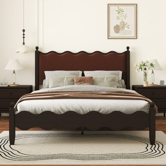 LIJIMEI Queen Size Wooden Bed Frame,Vintage Wavy Bed Frame, Leather-Wrapped , Mattress Base, Easy To Assemble, Brown