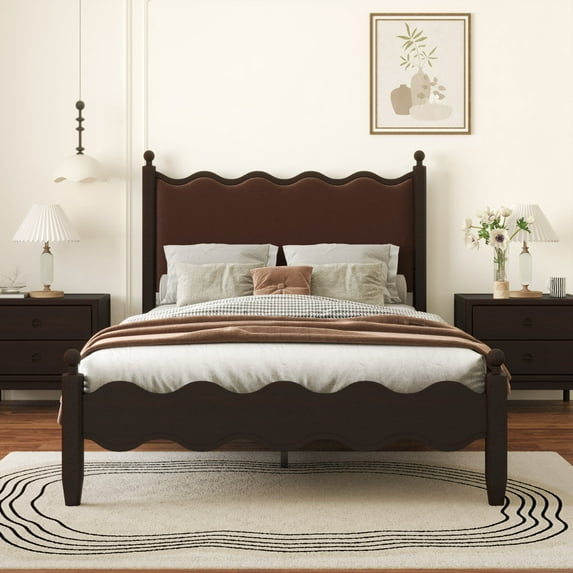 LIJIMEI Wooden Bed Frame, Full Size Vintage Wavy Bed Frame, Leather-Wrapped , Mattress Base, Easy To Assemble, Brown