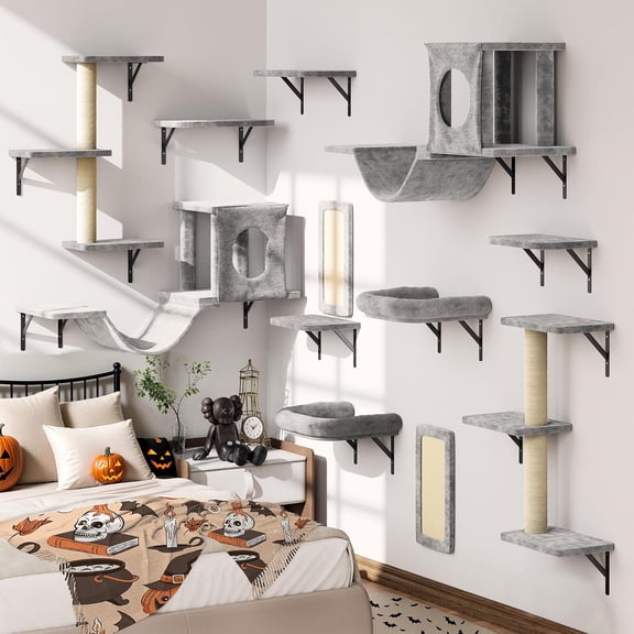 LIKAFU 12-in-1 Luxury Cat Wall Shelves - Space-Saving Climber Set with Condo, Scratching Post & Bridge for Kittens, Gray