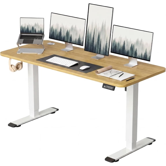 LIKAFU 55"x24" Electric Standing Desk, Sit Stand Home Office Computer Desk, Memory Preset, T-Shaped Metal Bracket, Light Wood