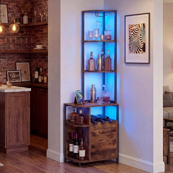 LIKAFU Corner Bar Cabinet w/LED Lights & Power Outlet, Glass Holder, Wine Rack, 6-Tier Industrial Liquor Cabinet w/Door, Kitchen, Rustic Brown