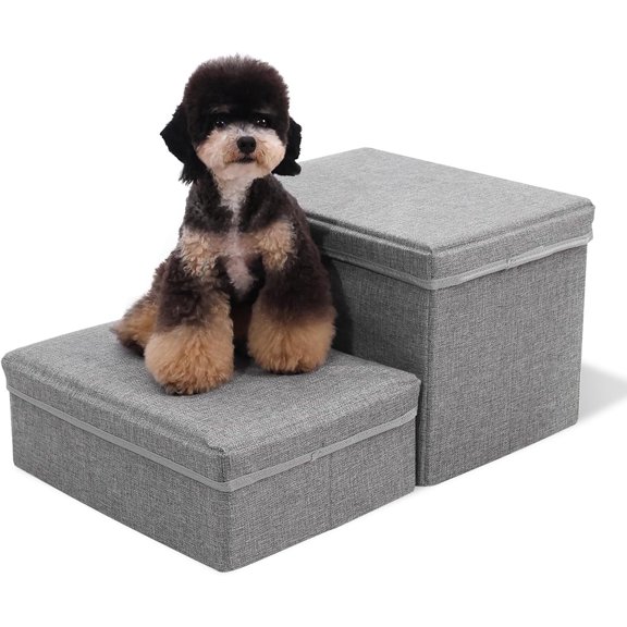 LIKAFU Foldable 2-Tier Pet Stairs for Small/Medium Dogs & Cats - Storage & Adjustable Steps for High Beds/Sofa - Light Grey Foam Fabric