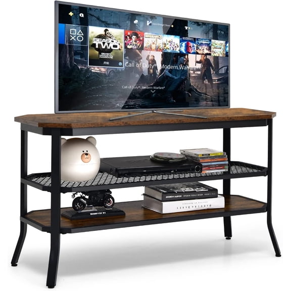 LIKAFU Industrial TV Stand for 46" TVs, 3-Tier Wood TV Cabinet with Steel Frame, Rustic Entryway Console Table, Media Entertainment Center for Living Room, Bedroom, Rustic Brown & Black