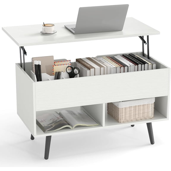 LIKAFU Lift Top Coffee Table, Modern Center Table w/Hidden Storage & 2 Open Shelves, Wooden Pull Up Flip Top Tea Table for Living Room, Home Office (White)