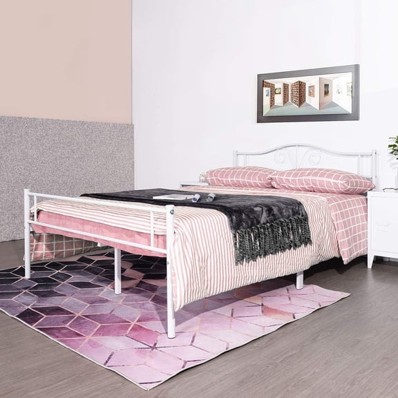LIKAFU Queen Size Heavy Duty Metal Bed Frame with Retro Headboard, White Steel Mattress Foundation, No Box Spring Needed
