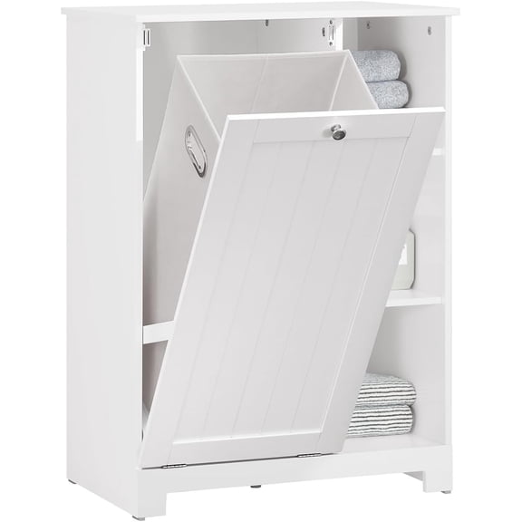 LIKAFU Tilt Out Laundry Cabinet, White Floor Storage with Hamper & Open Shelves, Bathroom, 23.6"W