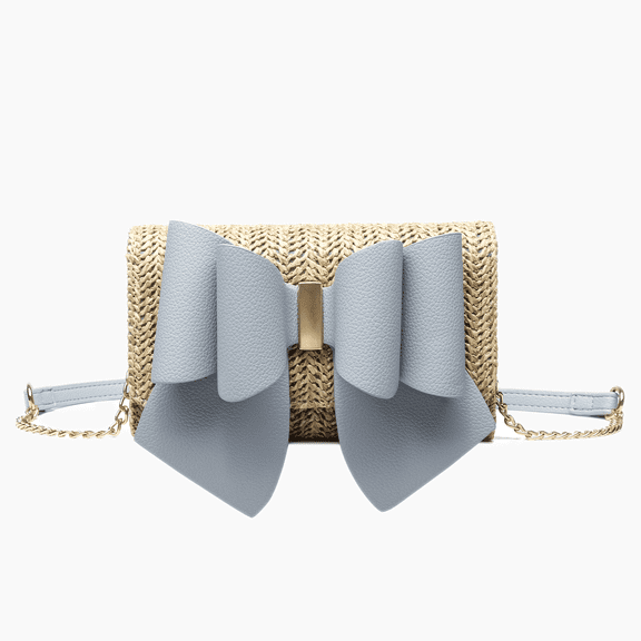 LIKE DREAMS Bonnie Vegan Leather Crossbody Purse with Bowtie & Straw Shell Design - Denim Blue