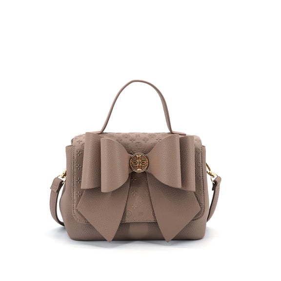 LIKE DREAMS Cross-Bow Embossed Vegan Leather Satchel Bag - Taupe