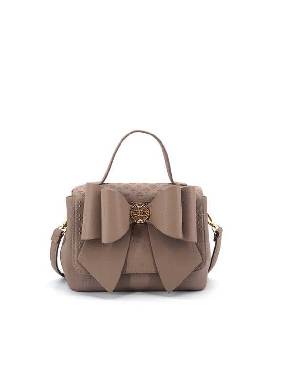 Cross-Bow Embossed Vegan Leather Satchel Bag - Taupe