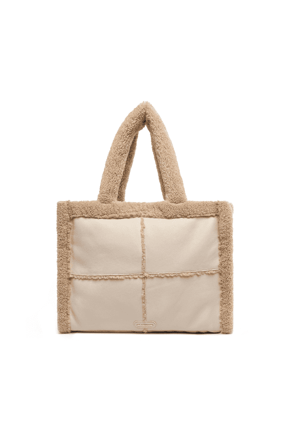 Fashion Large Handbag Soft Sherpa Tote - Vintage Vegan Leather Winter Handbag Purse - Ivory