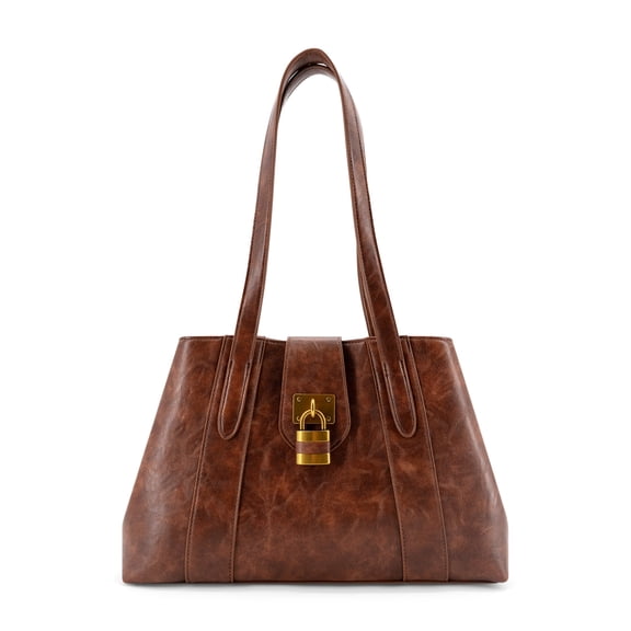 LIKE DREAMS Vegan Leather Fiora Signature Lock Satchel Bag with Top Handles,Brown