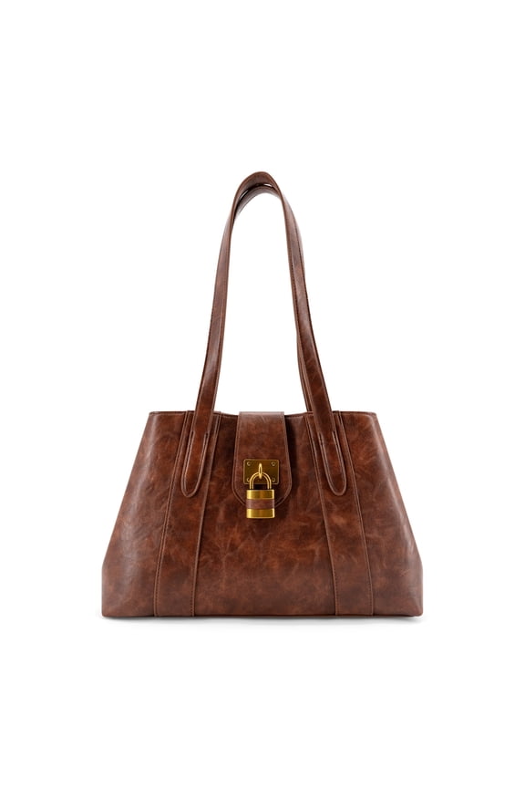 Vegan Leather Fiora Signature Lock Satchel Bag with Top Handles,Brown