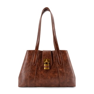 LIKE DREAMS Vegan Leather Fiora Signature Lock Satchel Bag with Top Handles,Brown