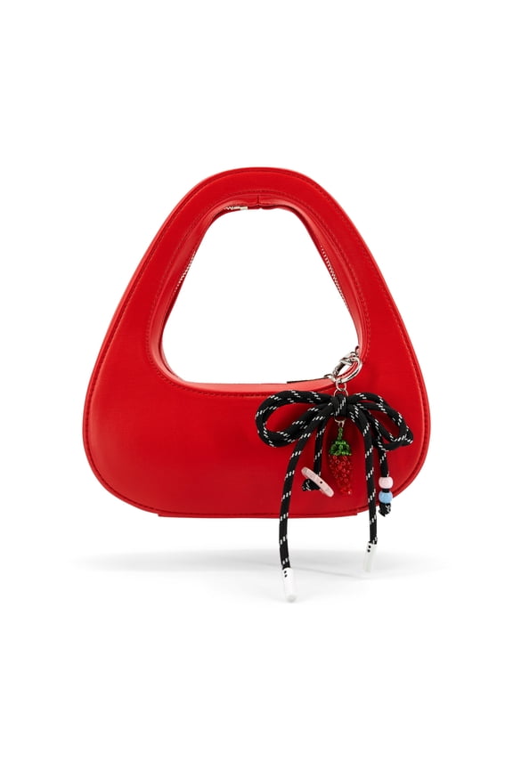 The Halo Bow Clutch Bag - Red, Vegan Leather, 10" W x 4" H x 3" D, Zipper Closure, 1 Main Compartment, Strawberry & Flower Charm, Silver Accents