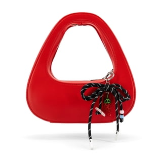 LIKE DREAMS The Halo Bow Clutch Bag - Red, Vegan Leather, 10" W x 4" H x 3" D, Zipper Closure, 1 Main Compartment, Strawberry & Flower Charm, Silver Accents