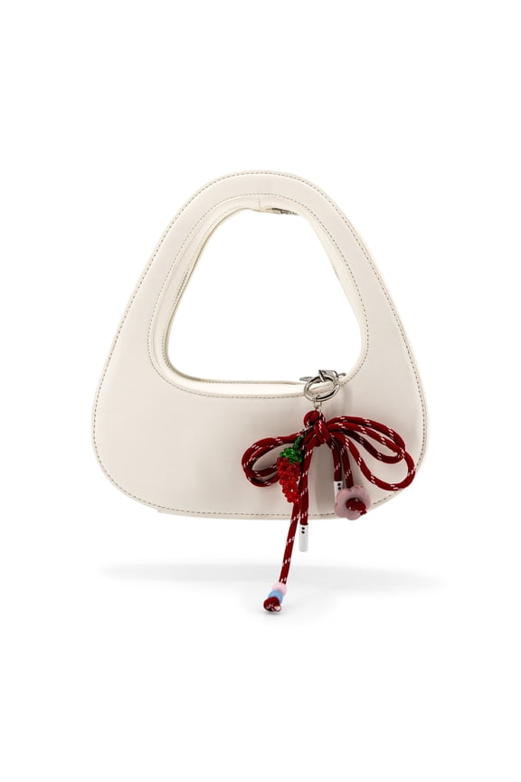 The Halo Bow Clutch Bag - WHITE, Vegan Leather, 10" W x 4" H x 3" D, Zipper Closure, 1 Main Compartment, Strawberry & Flower Charm, Silver Accents