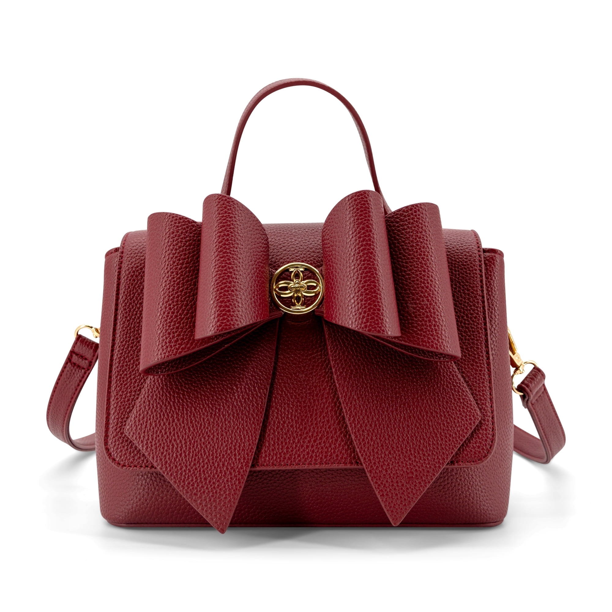 LIKE DREAMS Women's Vegan Leather Adjustable Detachable Strap Zoey Double Bow Crossbody Bag, Cherry Red