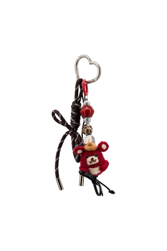Pippin Bear Handwoven Felt Bag Charm with Heart Key Ring & Braided Rope, Red