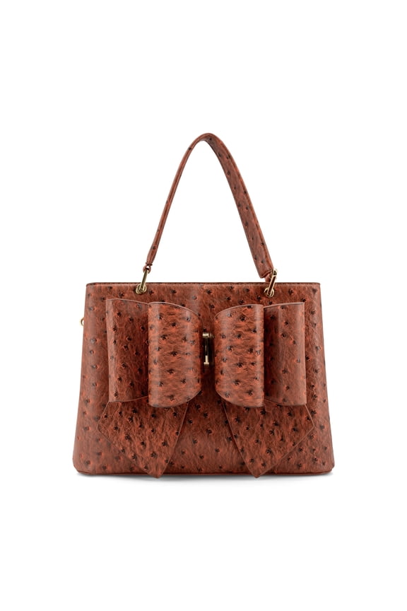 Remi Embossed Bow Satchel Bag - RUST ORANGE (OSTRICH)