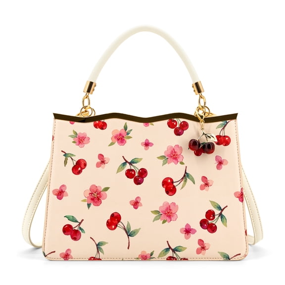 LIKE DREAMS Vegan Leather Cerise Top Handle Crossbody Bag Zipper Closure, Cherry Print - Ivory