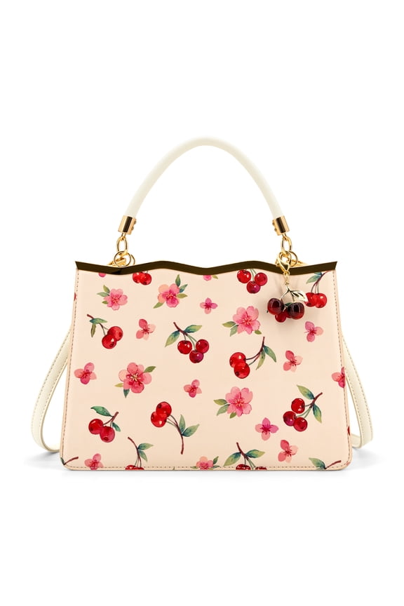 Vegan Leather Cerise Top Handle Crossbody Bag Zipper Closure, Cherry Print - Ivory