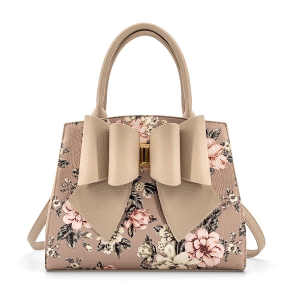 LIKE DREAMS Vegan Leather Floral Print Rosalie Bow Top Handle Satchel Bag, Beige