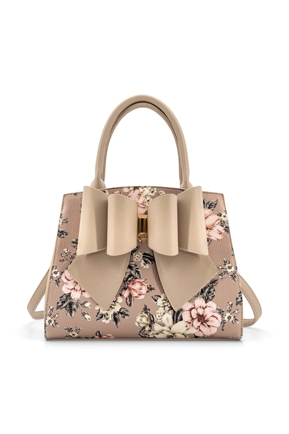 Vegan Leather Floral Print Rosalie Bow Top Handle Satchel Bag, Beige