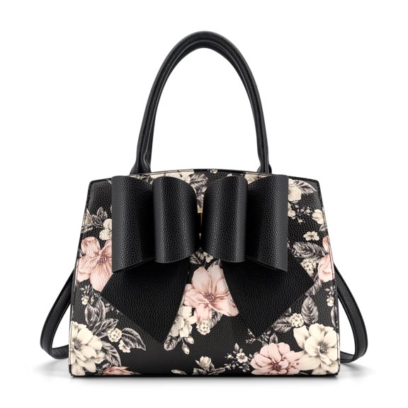 LIKE DREAMS Vegan Leather Floral Print Rosalie Bow Top Handle Satchel Bag, Black