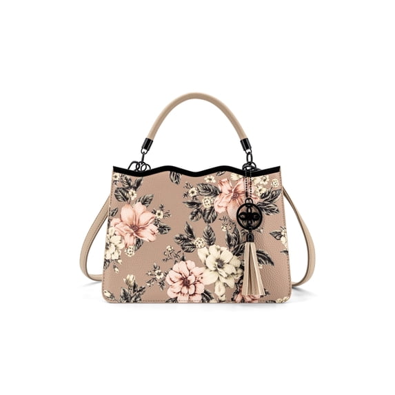 LIKE DREAMS Violette Vegan Leather Floral Print Crossbody Satchel Bag - Beige