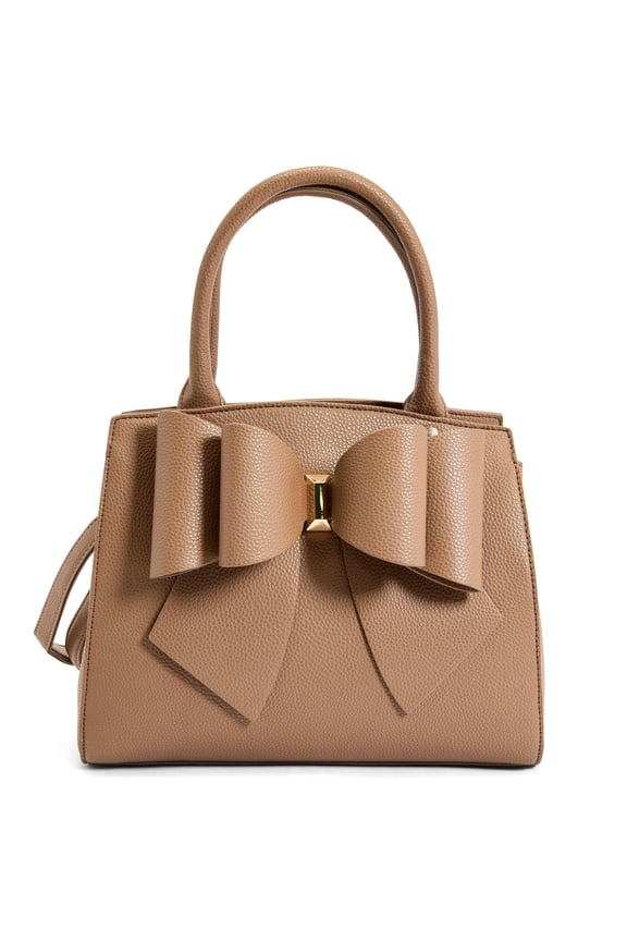 Women Classic Large Vegan Leather Satchel Bowtie Top Handle Fashion Everyday Handbag Purse (Taupe)
